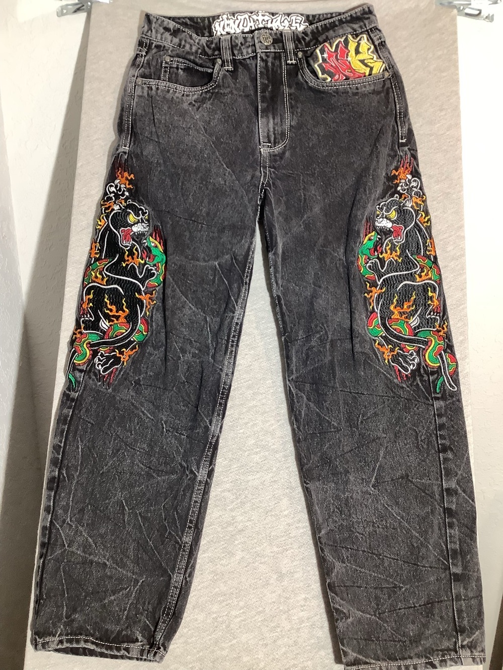 Ambush Acid Wash Black Jeans with Embroidered Jaguar Panels